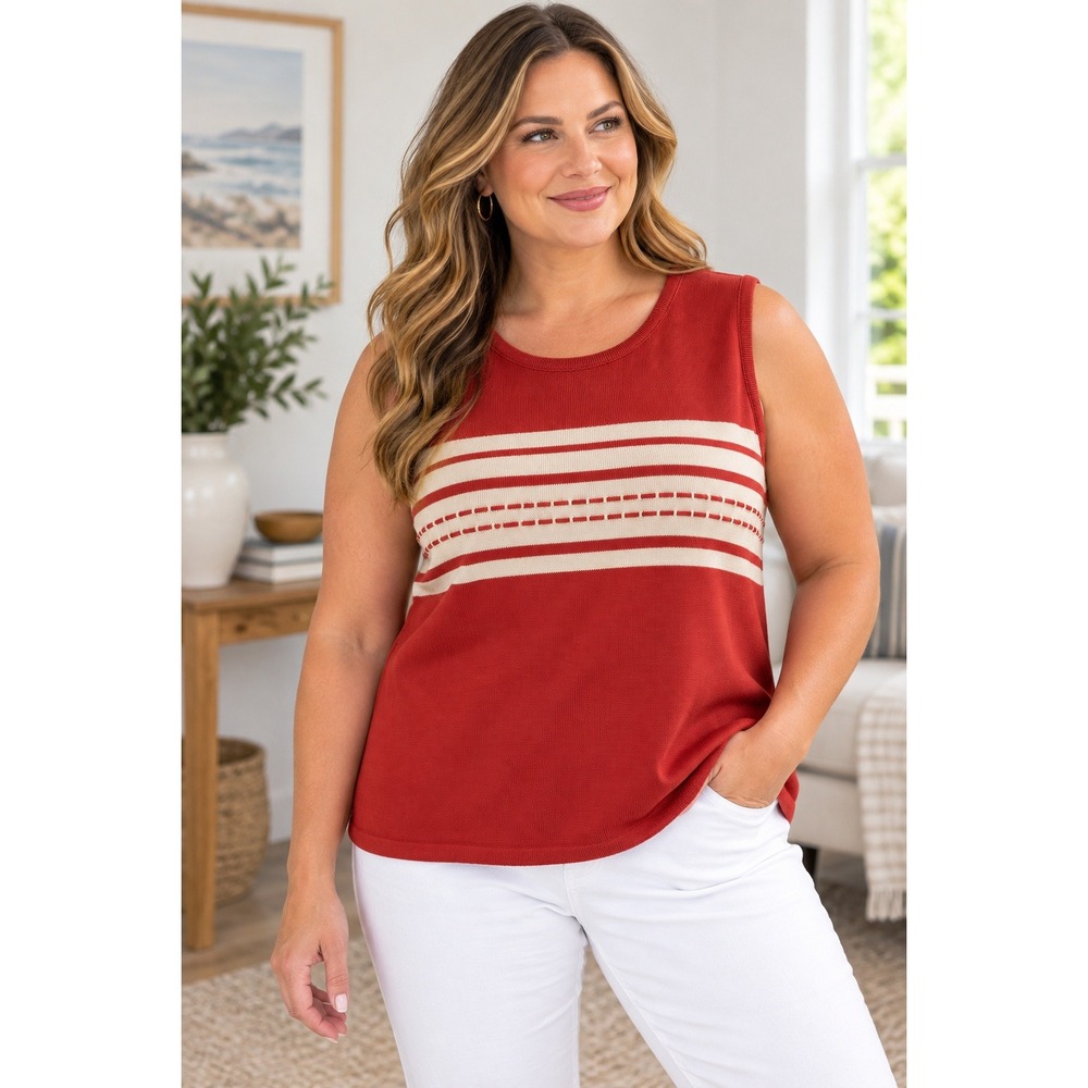 CJ Banks 2X Plus Size Red Cream Striped Sleeveless Knit Sweater Top Cotton Blend